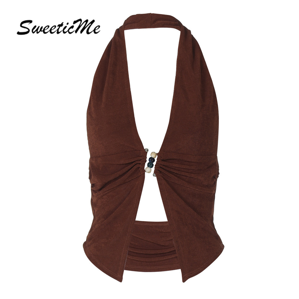 SweeticMe ผู้หญิง 2025 ใหม่แฟชั่นสีทึบเซ็กซี่ถัก Halter Causal เสื้อกล้าม Camisole