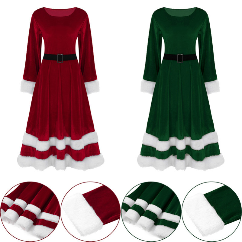 Miaeowve สตรีสุภาพสตรีกํามะหยี่นุ่ม Scoop คอแขนยาว Mrs Santa Claus เครื่องแต่งกายผู้ใหญ่คริสต์มาสแฟน