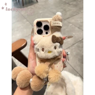 IPhone 16 15 14 13 12 11 Pro Max X Xr Xs Max 7 8 Plus SE2020 เคสโทรศัพท์น่ารัก 3D DIY หมวกตุ๊กตาผ้าพันคอแมวนุ่ม + Lanyard ฝาหลัง