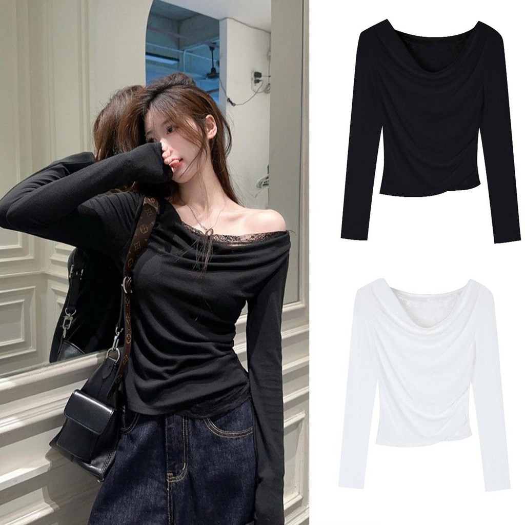 Dahong Y0321 เสื้อปาดไหล่แขนยาวแต่งลูกไม้ เสื้อแขนยาวปาดไหล่เฉียง ตัวยาวเอวไม่ลอย ลุคสวยแซ่บสุดๆ