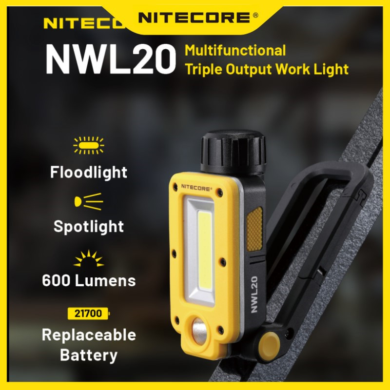 Nitecore NWL20 USB-C ไฟทํางานแบบชาร์จไฟได้ 180° สปอตไลท์ฟลัดไลท์สามเอาท์พุทมัลติฟังก์ชั่นแบบปรับได้, แบตเตอรี่ 21700