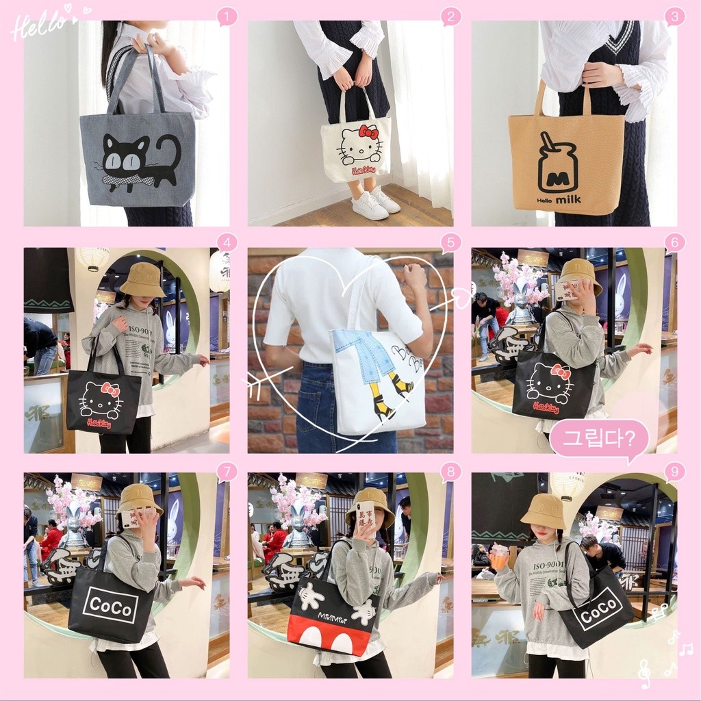 V-shop2 กระเป๋าผ้าแฟชั่น ขนาดใหญ่ ลายน่ารัก มีซิป แบบถือสะพายไหล่กระเป๋าผ้า TOTE สไตล์ญี่ปุ่น