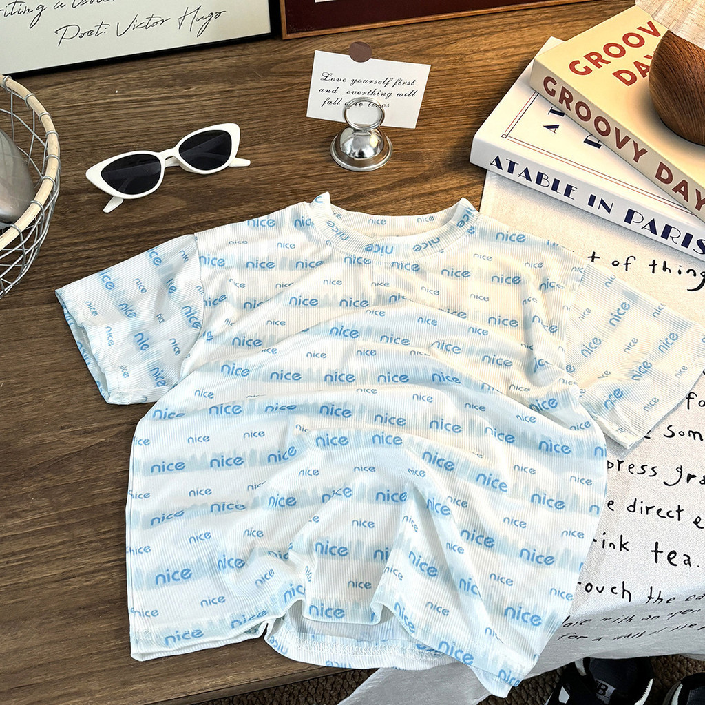 [มล] 80-160ซม เด็กแขนสั้นเสื้อยืดชายหญิงทารกฤดูร้อนผ้าไหมน้ําแข็ง โดปามีน แนวโน้มแฟชั่นพิมพ์เต็มรูปแบบสบายๆสไตล์ฤดูร้อนเดียวด้านบน