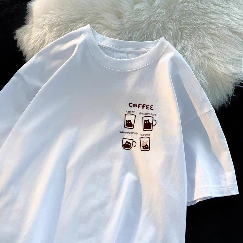 เสื้อยืดคอกลม แขนสั้น สไตล์อเมริกัน ลาย “coffee” โอเวอร์ไซซ์ ทรงหลวม เหมาะกับฤดูร้อน