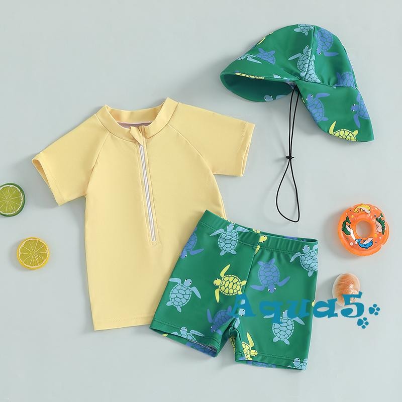 อุ๊ย-เด็กวัยหัดเดินเด็กชายผื่นยามชุด3ชิ้นชุดชุดว่ายน้ําเสื้อแขนสั้นเต่าพิมพ์กางเกงว่ายน้ําหมวกว่ายน้ําชุดว่ายน้ํา0-3ปี