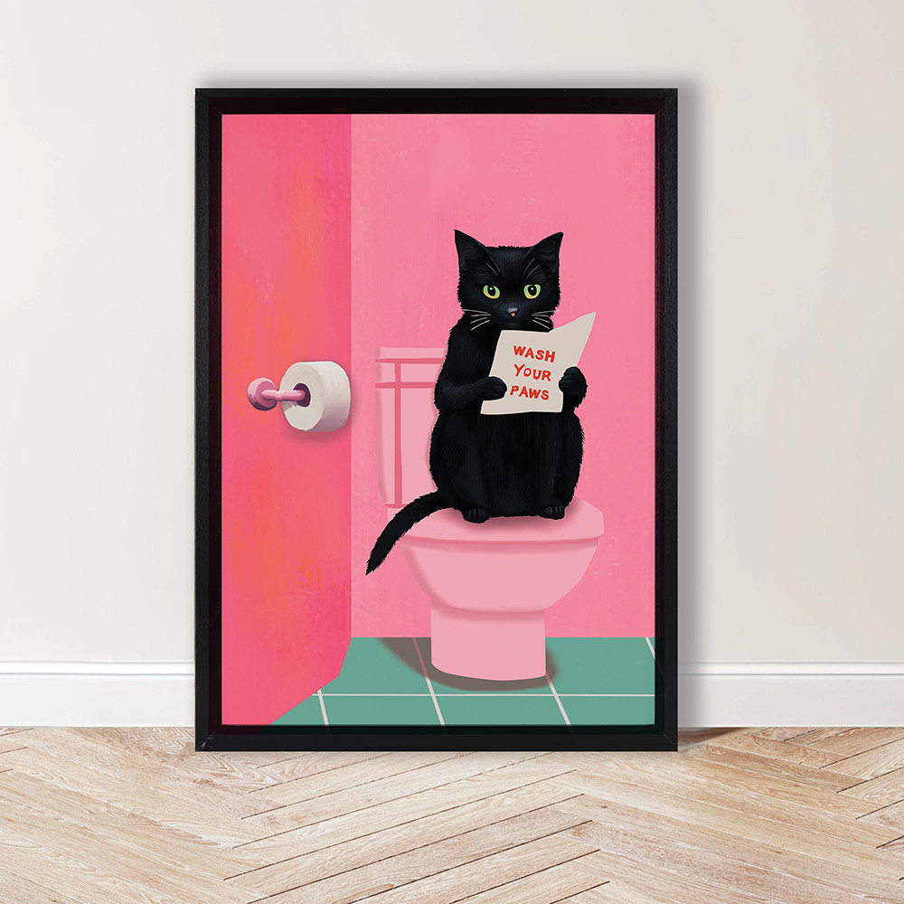 Wash Your Paws Black Cat บนสีชมพูโปสเตอร์ห้องน้ําสัตว์เลี้ยงสัตว์ Lover Wall Art พิมพ์ภาพห้องน้ําสําหรับห้องน้ํา Apartment Home Decor