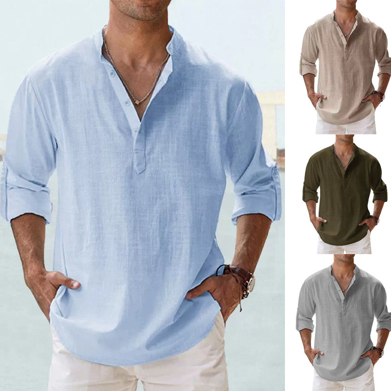 MANSTR เสื้อเชิ้ตผ้าฝ้ายลินินทรงหลวมสําหรับผู้ชายพลัสไซส์ | แขนยาวครึ่งปุ่มยืนปกโปโล | เสื้อลําลองสีทึบสีขาวสีฟ้ากรมท่าสีเขียวสีดํา
