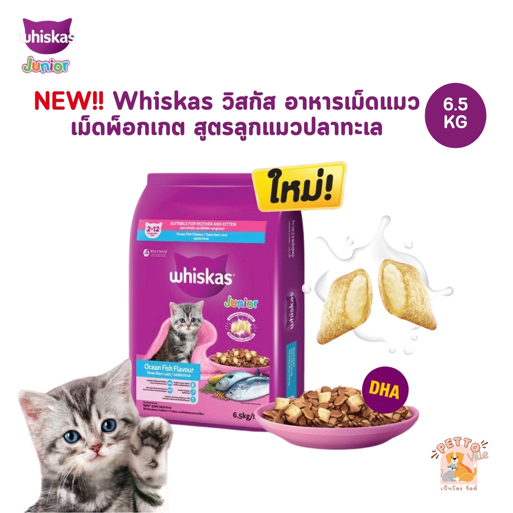 ใหม่! สูตรลูกแมว Whiskas วิสกัส อาหารแมว ชนิดแห้ง แบบเม็ด พ็อกเกต ขนาด 6.5 kg
