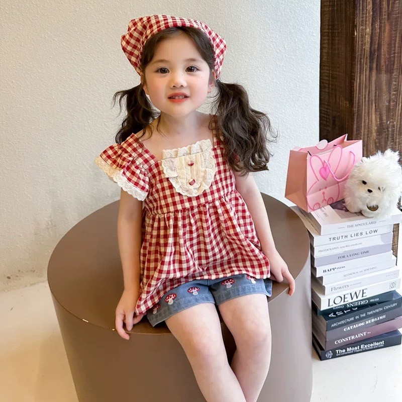 PRETTY BABY🧸พร้อมส่ง🧸 ชุดเซ็ทเด็กผู้หญิง งาน3ชิ้น เสื้อแขนกุด+กางเกงยีนส์ขาสั้น+คาดผมผ้าโพกหัว (1542)
