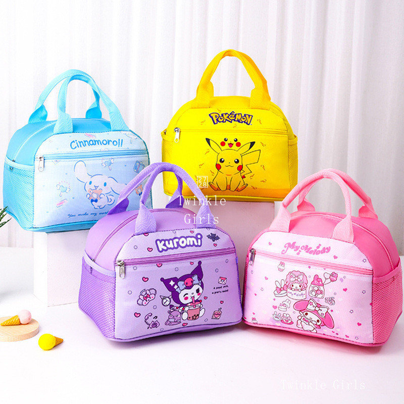 กระเป๋าใส่ข้าวกลางวัน Kuromi Cinnamoroll ถุงอาหารกลางวัน น่ารัก สำหรับเด็ก ความจุขนาดใหญ่ กันน้ำ ฟิล์มอลูมิเนียม กระเป๋าใส่ข้าวกลางวัน Hello Kitty Melody กระเป๋าเก็บความร้อนสำหรับนักเรียน กระเป๋าถือ Beg Bekal