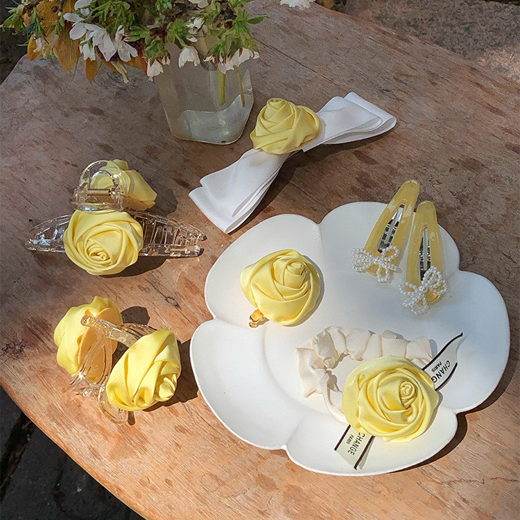 กิ๊บติดผมดอกกุหลาบสีเหลือง Handmade Flower Claw Clip เครื่องประดับผมเครื่องประดับ