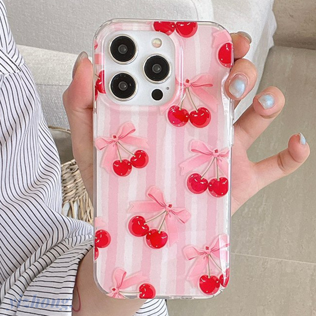 ปลอกสําหรับ iPhone 16 Pro Max 15 14 13P Girly หวานสีแดงเชอร์รี่สีชมพู Bowknot รูปแบบ IMD Craft Soft TPU กันกระแทกเคสโทรศัพท์ Anti-scratch Dirt ทนฝาครอบป้องกัน Shell
