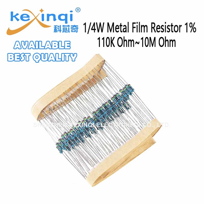 (100 ชิ้น) 1/4W ตัวต้านทานฟิล์มโลหะ 110K ~ 10M 1% 120K 150K 200K 330K 470K 750K 820K 1M 2M 2.2M Ohm Resistance
