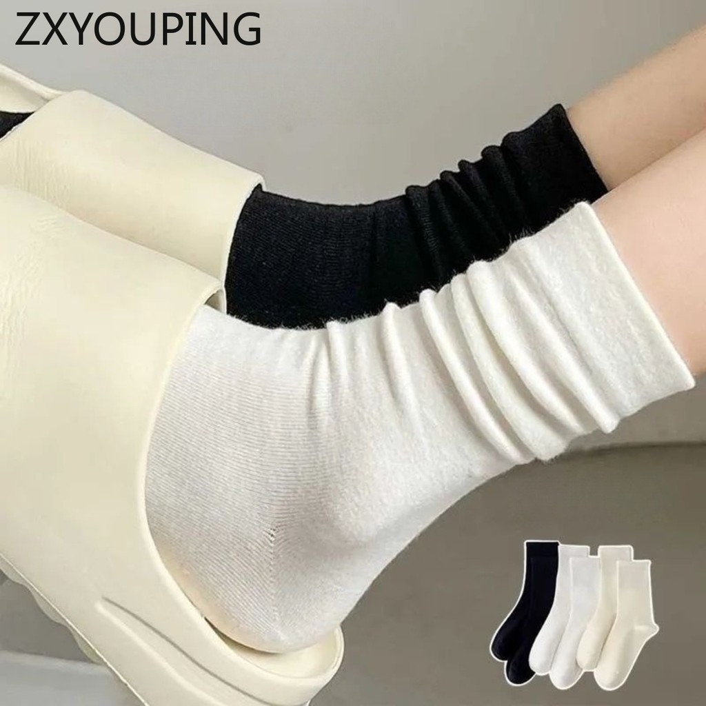 Zxyouping 1/3ปาริ ถุงน่องผ้าฝ้ายแท้คอสูงนุ่มสีทึบสไตล์เกาหลีเหมาะสําหรับผู้หญิง