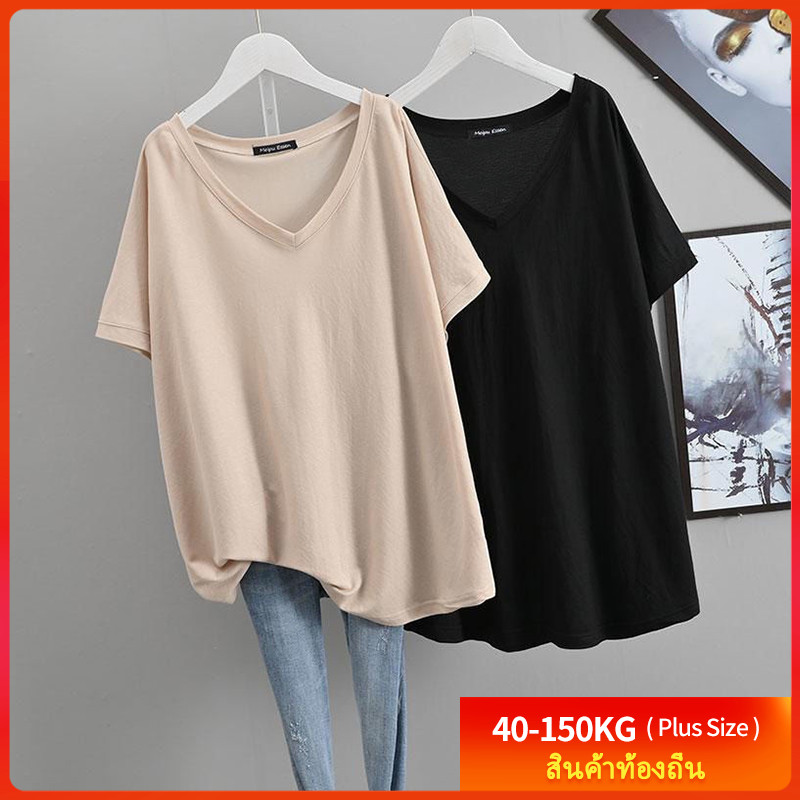 【พลัสไซส์】(50-150กก.) เสื้อยืดฤดูร้อนผู้หญิงอ้วนโอเวอร์ไซส์หลวมธรรมดาแขนสั้น เสื้อคอวี Oversize Tshirt