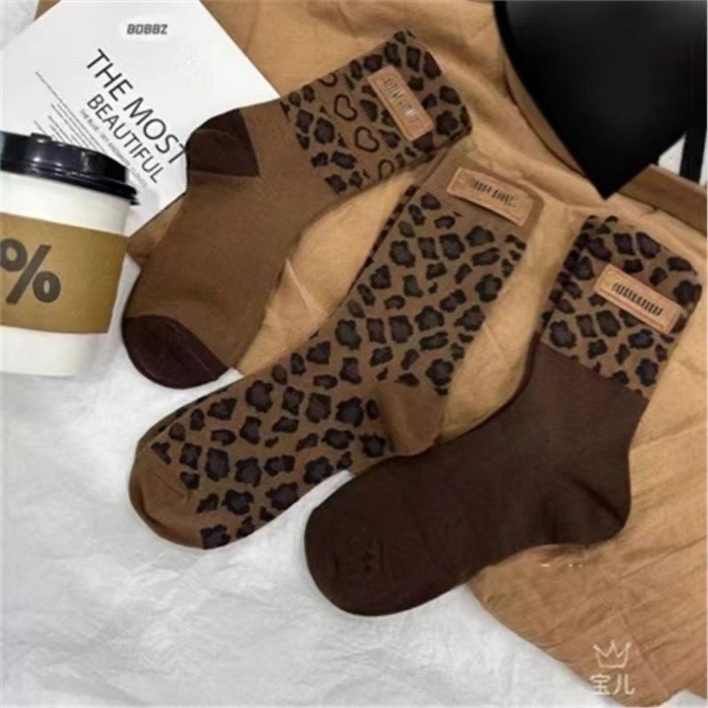 Y2k Retro Leopard Print Coffee Color Series แฟชั่นอินเทรนด์ถุงเท้าสั้นผู้หญิง
