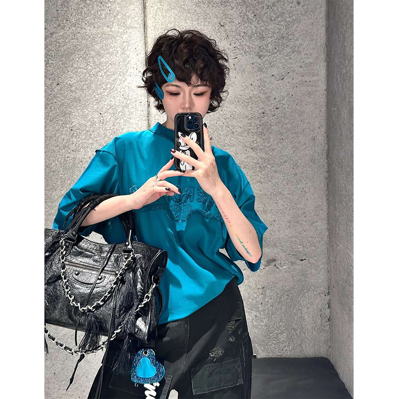 BPWD Balenciaga Blue Paris Affixed Cloth Embroidered Distressed Men's and Women's Same Style Short S
