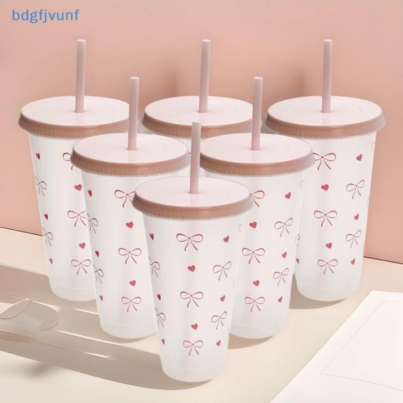 BDGF ขวดน้ําความงาม Tumbler สําหรับกาแฟน้ําแข็งน้ําผลไม้ชาน่ารัก Bowknot ถ้วยพลาสติกพร้อมฝาปิดฟางแบบพกพาขวด TH