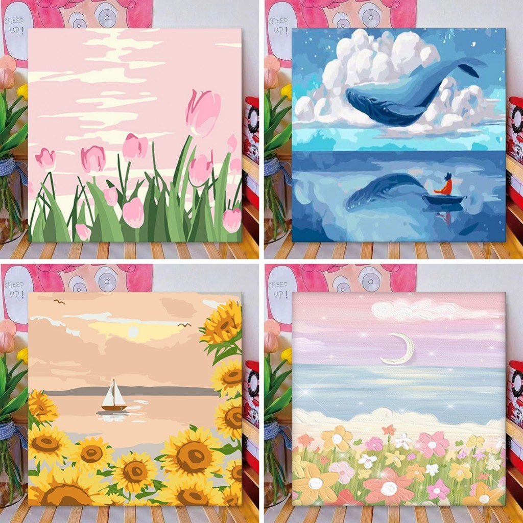 🎨ระบายสีตามตัวเลข 20X20ซม ขึงเฟรมไม้พร้อมอุปกรณ์ ขนาด ฝึกสมาธิ ของขวัญ DIY ภาพวาดสีน้ำมันดิจิตอลใส่กรอบ