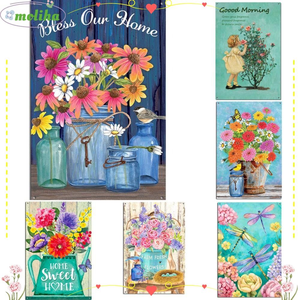 ป้ายดีบุกโลหะ MOLIH, ผีเสื้อ Retro Art Plaque, สวน Pastoral ดอกไม้ Shabby Chic แผ่นโลหะห้องนั่งเล่น