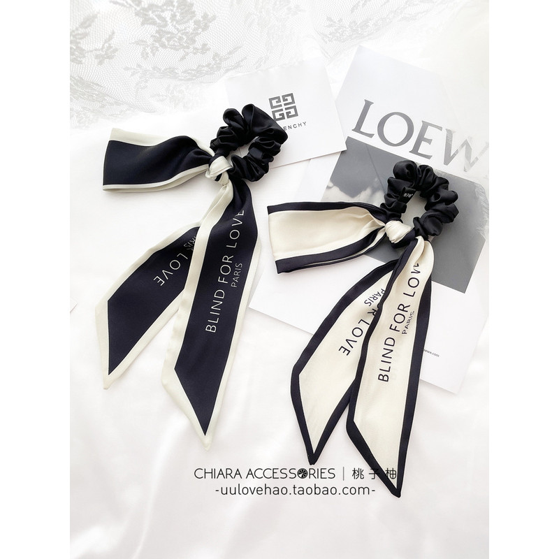Chic Retro French High-End สีดํายาว Streamer แหวนผม Chanel Bow เชือกผม Scrunchy แหวนญี่ปุ่นเกาหลี Headdress