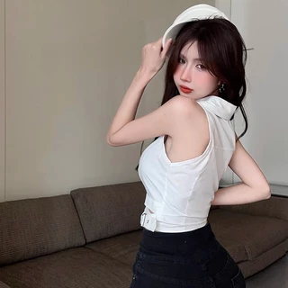 (ส่งจากกรุงเทพฯ)เสื้อแขนกุดสำหรับผู้หญิง เสื้อเชิ้ตเอวเว้า มีกระดุม สีพื้น เซ็กซี่เบาๆ ทรงสวย สไตล์ลำลอง(สีขาว+สีดำ)