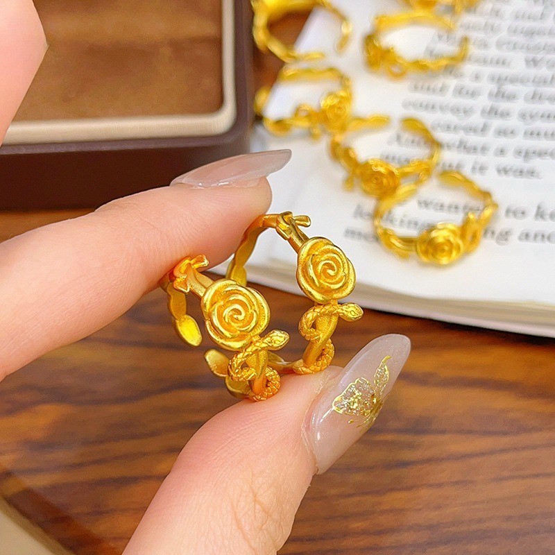 ใหม่ Rose Flower Snake Coiling Filigree Ring 916 Gold Plated Gold Ring Emas Korea Cincin Women Gold Jewelry