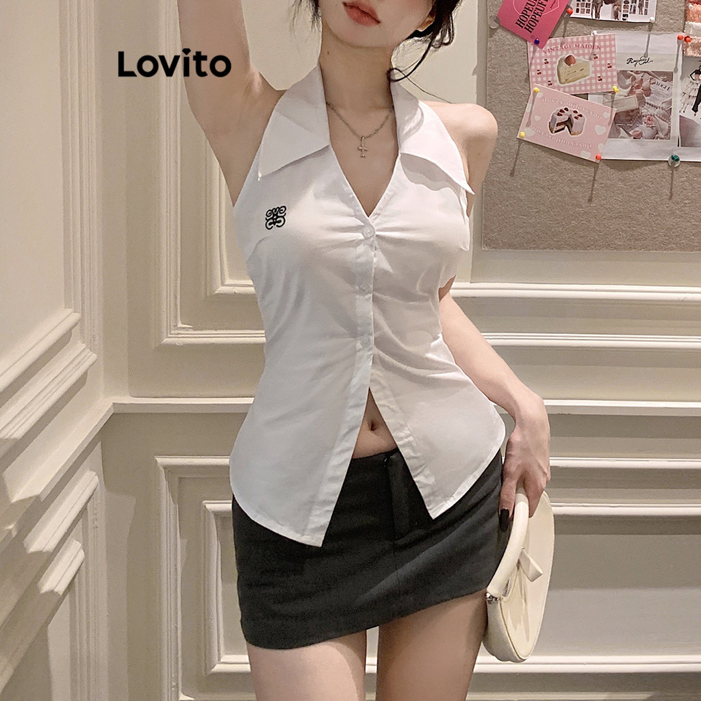 Lovito เสื้อกล้ามลำลอง ลายปัก แต่งพลีท สำหรับสตรี LNA20054 (สีขาว)