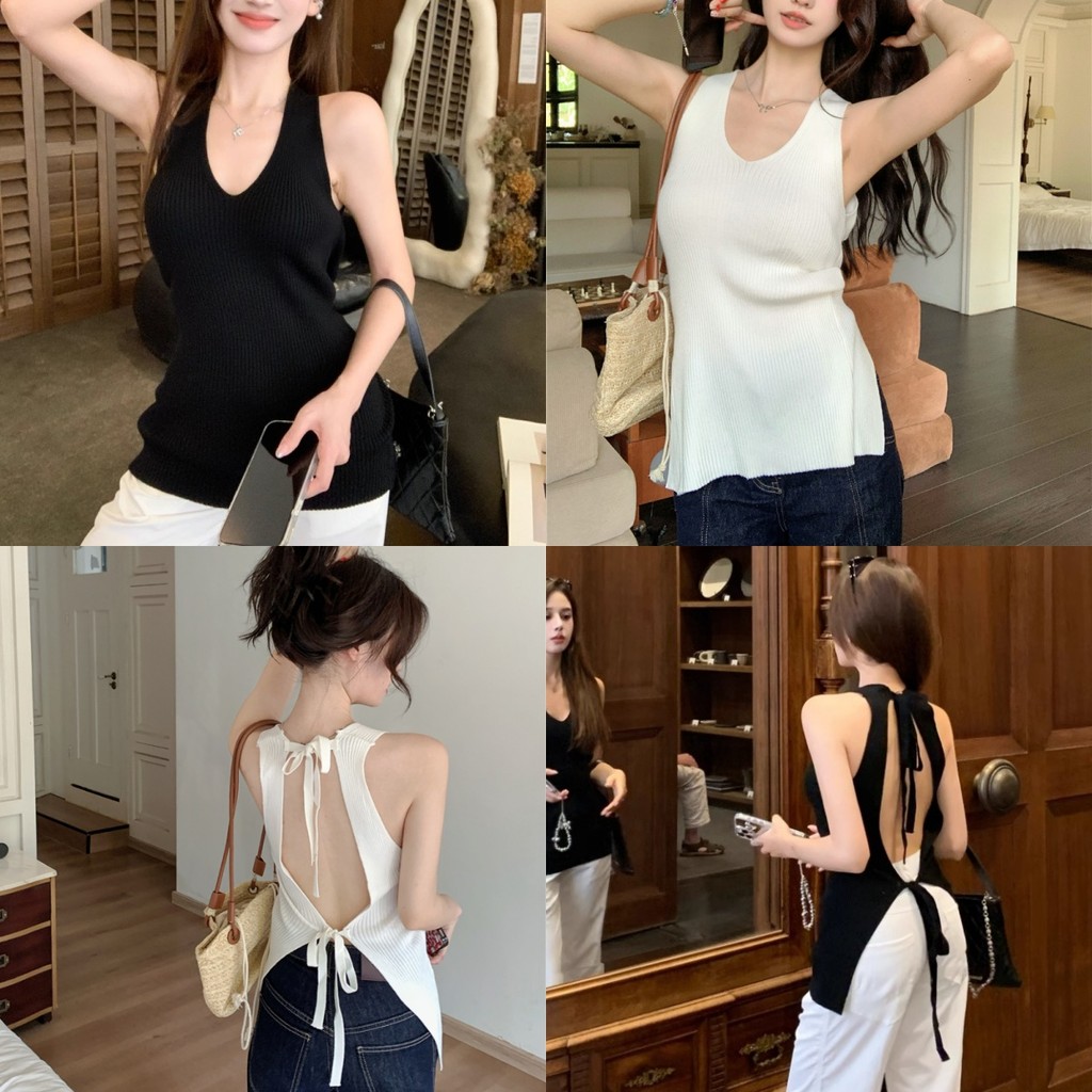 Evelyn เสื้อกล้ามไหมพรม สีพื้น ดีเทลผูกเว้าหลัง เข้ารูป เว้าหลัง น่ารักมากๆ เซ็กซี่เบาๆ สไตล์ลำลอง#R28