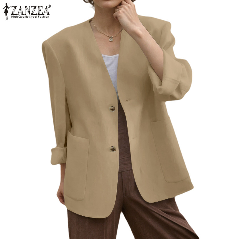 Zanzea ผู้หญิงเกาหลีคอวีหลวมสีทึบแขนยาวปุ่มแผ่นรองไหล่ Blazer