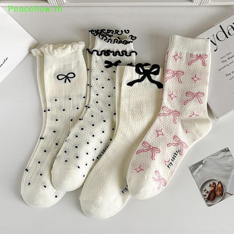 Peacellow สีดํา Polka Dot ถุงเท้าฤดูร้อนบาง Hollow Out หัวใจ Breathable ถุงเท้ายาวน่ารักสาวหวาน Ruffle ถุงเท้า TH