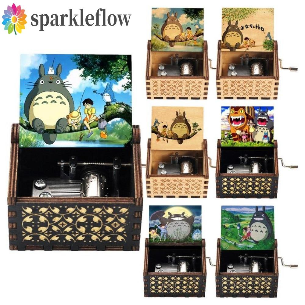 Sparkleflow Totoro กล่องดนตรีมือหมุนไม้,แกะสลักรูปแบบการ์ตูน Totoro กล่องดนตรี, Tonari No Totoro สีส