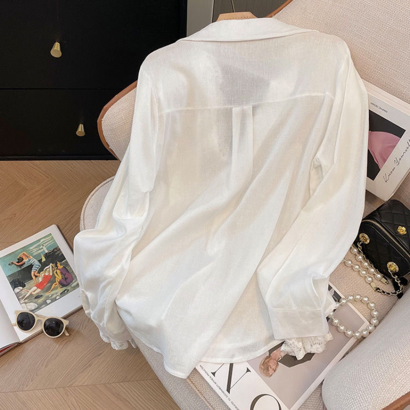 ข เสื้อเบลาส์ผ้าฝ้ายผ้าลินินสีขาวฤดูใบไม้ร่วงของผู้หญิงสไตล์เกาหลีแขนยาวลูกไม้คอวียาวปานกลาง ราคา ถูกที่สุด ดีลบีเคเค แกลเลอรีภาพที่ 9