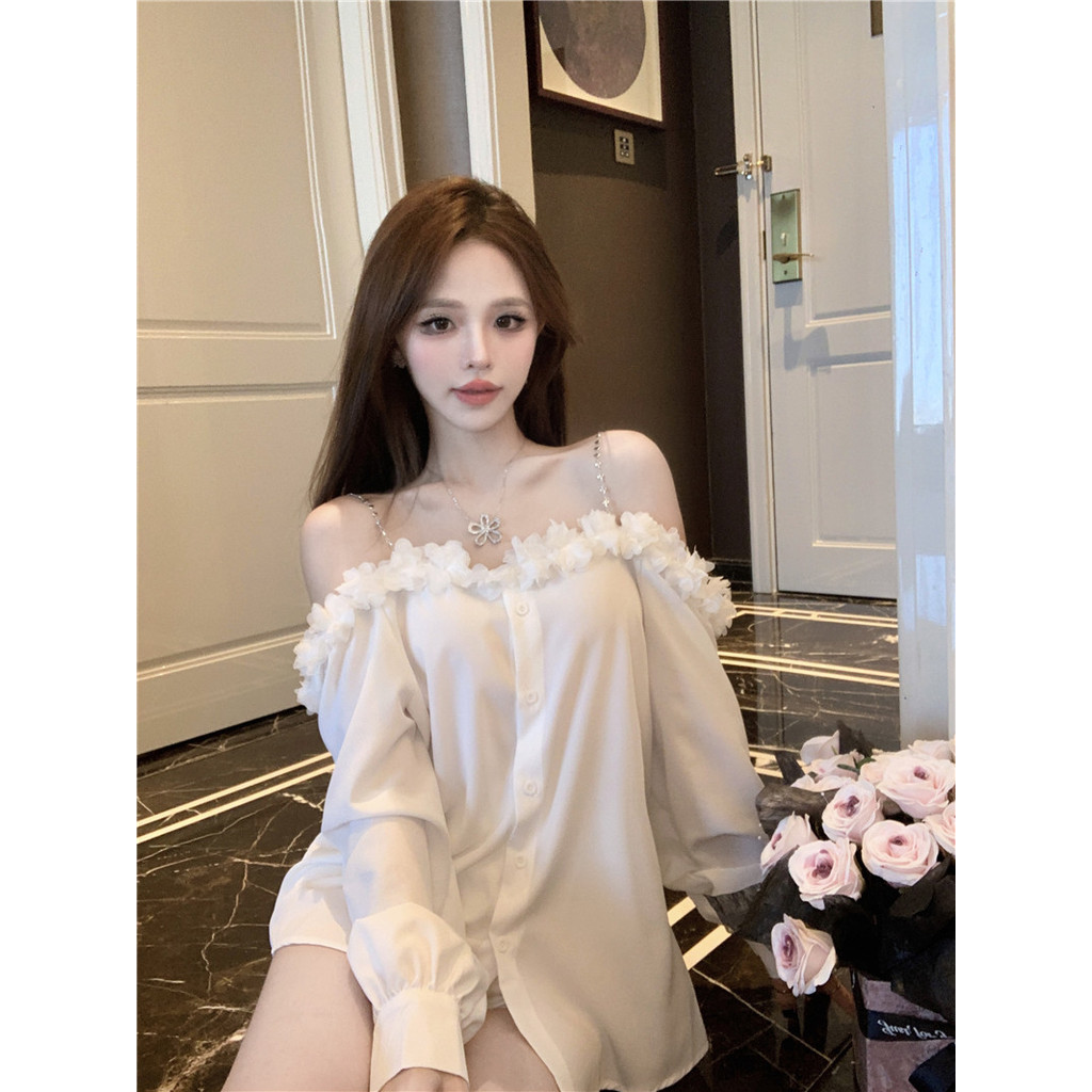 ฤดูใบไม้ร่วงฤดูหนาวหวานสบายๆดอกไม้สามมิติเซ็กซี่สลิงไหล่เดียวหลวมยาว-