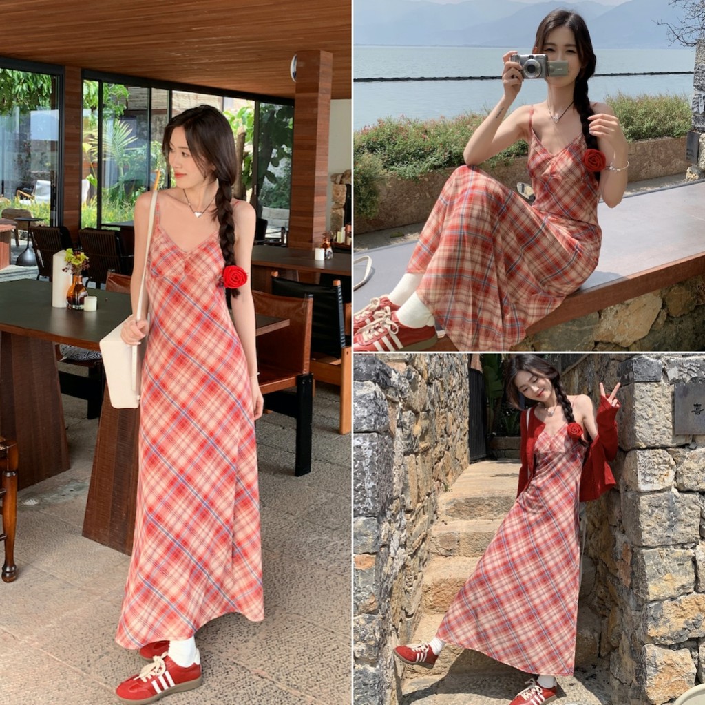 Betty house พร้อมส่ง เดรสยาวลายสก๊อตผู้หญิง ชุดเดรสสายเดี่ยวเซ็กซี่ ชุดน่ารักย้อนยุค ดีไซน์ทรงเอคอวี