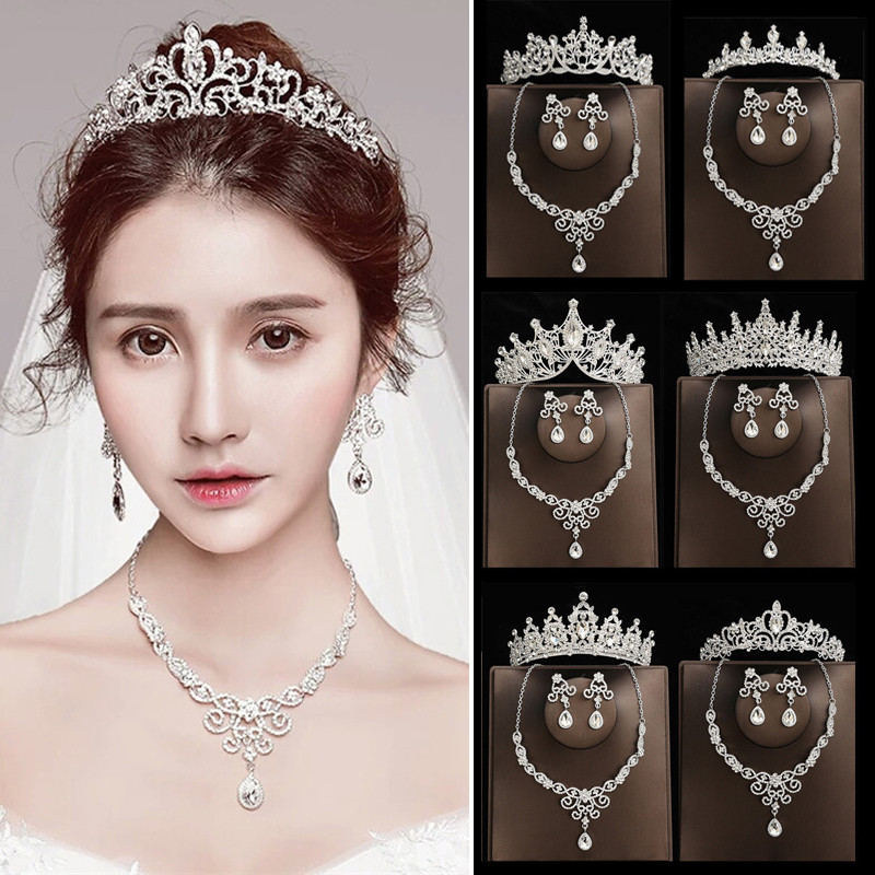 Vintage Rhinestone Tiara Crown สร้อยคอชุดสําหรับหญิงสาวงานแต่งงานพรหมชุดเครื่องประดับ