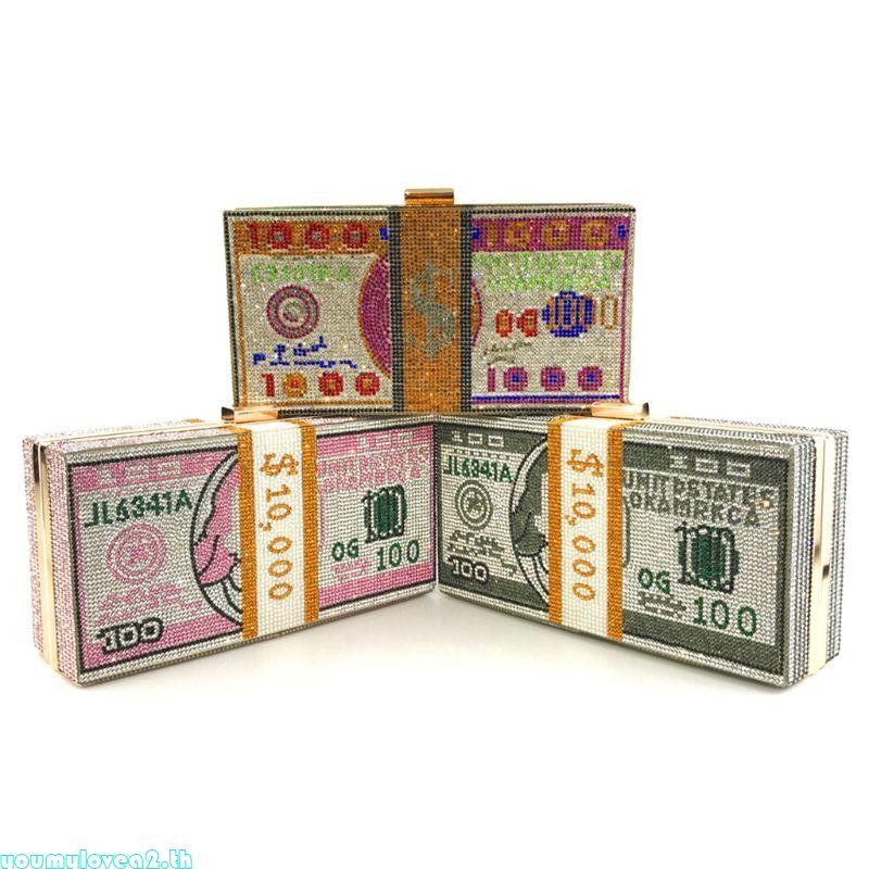 Money Clutch for Rhinestone Purse 10000 Dollars Stack of Cash Evening Handbags
