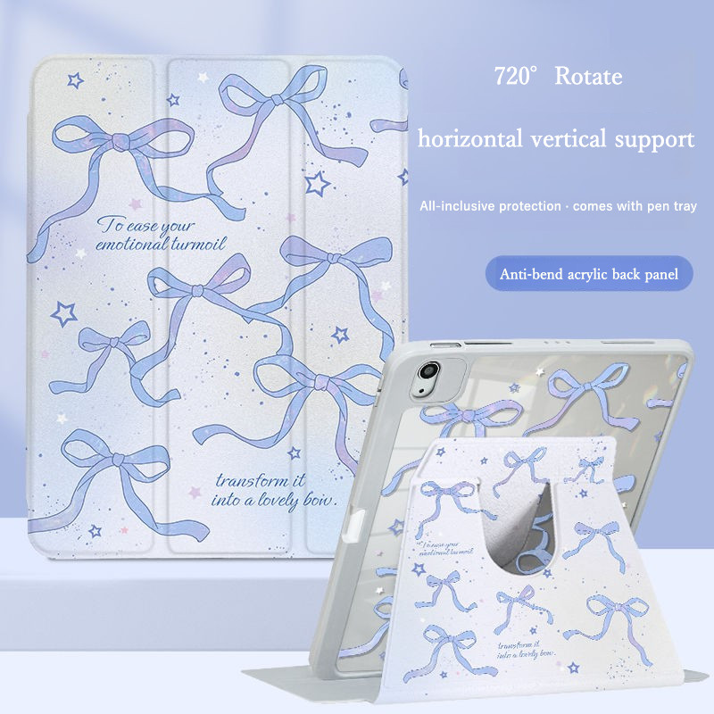 เคสไอแพด อะคริลิคใสเหมาะสําหรับ IPAD Air6 Air5 Air4 10.9 Pro11 Gen10 Gen9 Gen8 Gen7 10.2 Love Butterfly Bow Gen6 Gen5 Air1 Air2 Air3 720° ฝาครอบ iPad หมุนได้