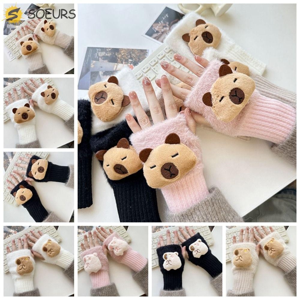 Soeurs ถุงมือตุ๊กตา, Keep Warm Half Finger Capybara ถักถุงมือ,หน้าจอสัมผัสนุ่ม Windproof สีทึบผู้หญิง Mittens นักเรียน