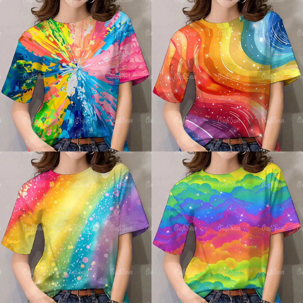 มัดย้อมสายรุ้งพิมพ์เสื้อผู้หญิงขนาดใหญ่แขนสั้นเสื้อยืดสบายผ้านุ่มสวยเสื้อกราฟิกหลวมท็อปส์ซูสตรีถนนเสื้อยืด