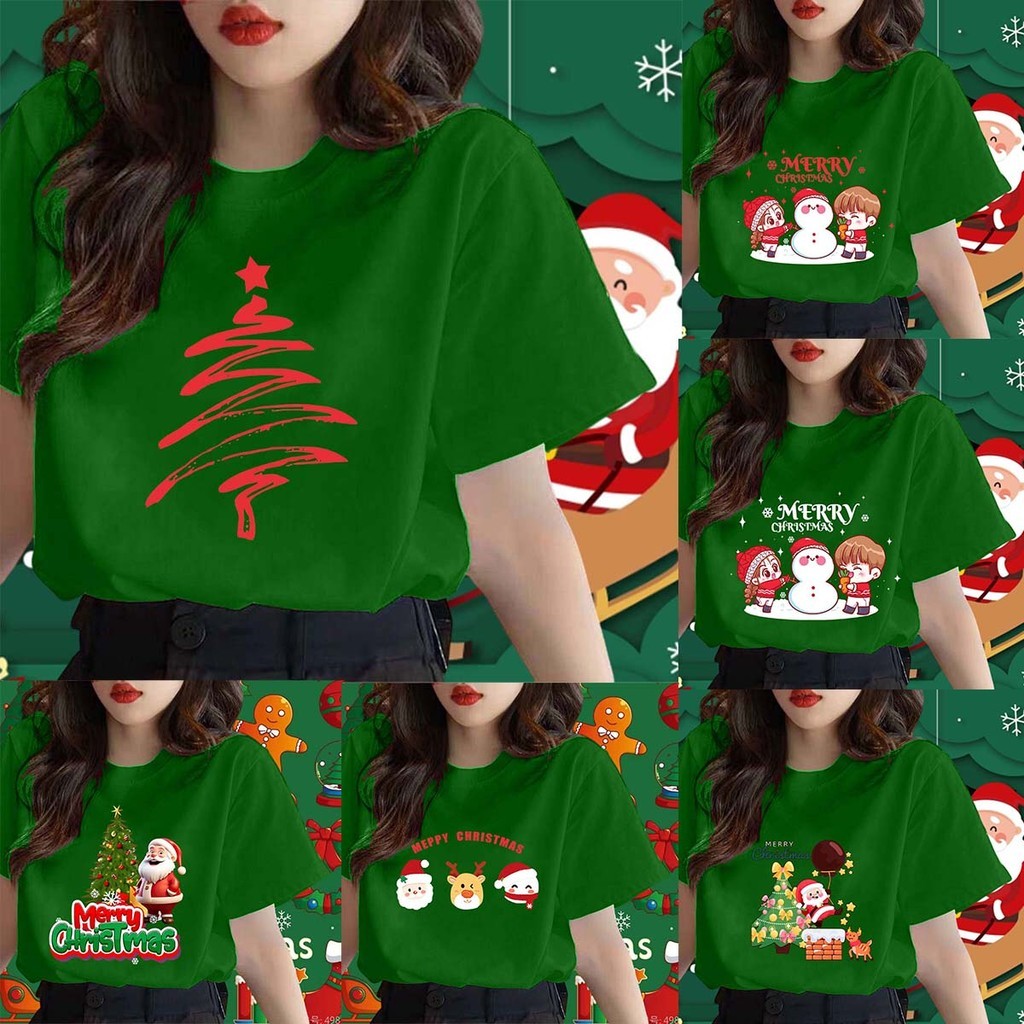 (จัดส่งตลอด 24 ชั่วโมง）OOOK Official เสื้อคริสต์มาส Merry Christmas T-shirt ต้นคริสต์มาส พิมพ์ลาย เสื้อครอบครัวคริสต์มาส