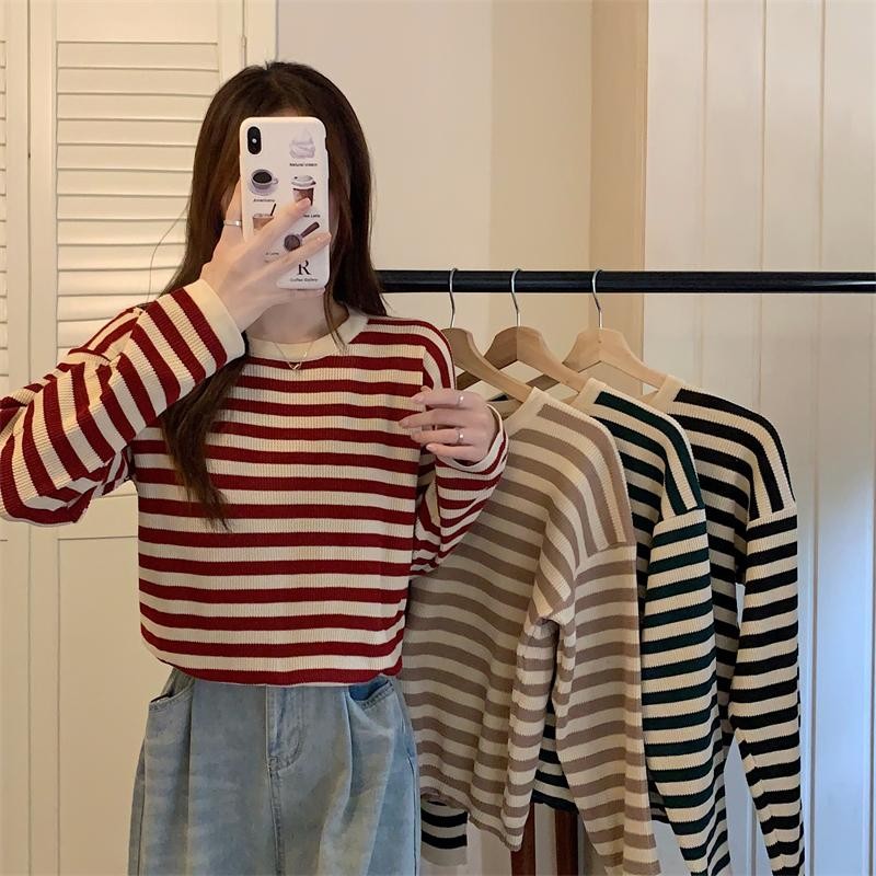 Anna เสื้อยืดคอกลมแขนยาวผ้าถักลายทาง ผ้าใส่สบายสไตล์เกาหลีรูปแบบใหม่สำหรับฤดูใบไม้ผลิและฤดูใบไม้ร่วง #0581