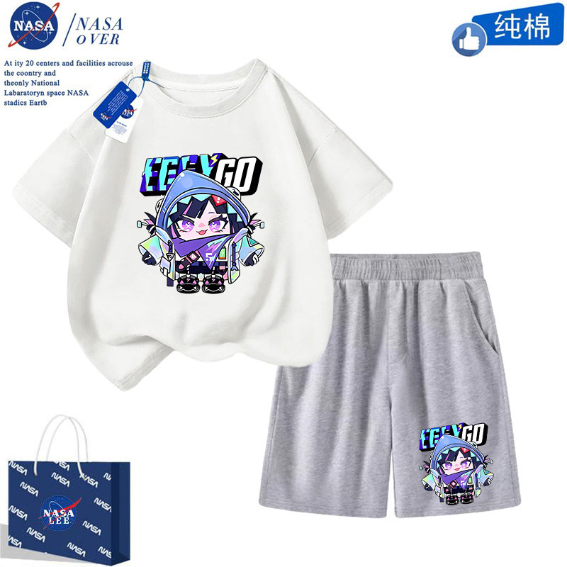 Nasa Co-Branded Girl Shark Liva เสื้อยืดผ้าฝ้ายแท้กางเกงขาสั้นชุด Eggboy Party กลางเด็กใหญ่อินเทรนด์เสื้อลําลอง
