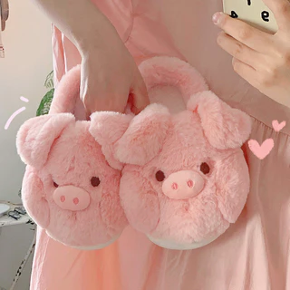 Xitiao ฤดูหนาว Warm นุ่มหนา Soled Furry รองเท้ารองเท้า 2024 สไตล์ใหม่สุภาพสตรีน่ารักสีชมพูลูกหมูรองเท้าแตะผ้าฝ้าย ins