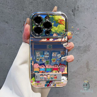 สําหรับ iPhone 11 16 13 12 7Plus 15 14 Pro Max Xr X Xs Max 8 6 6s Plus Case Crayon Shin-chan เวลาว่างเคสโทรศัพท์ + โซ่ + ผู้ถือชุบหรูหราคมชัดหน้าต่างกันกระแทกป้องกันปกหลัง