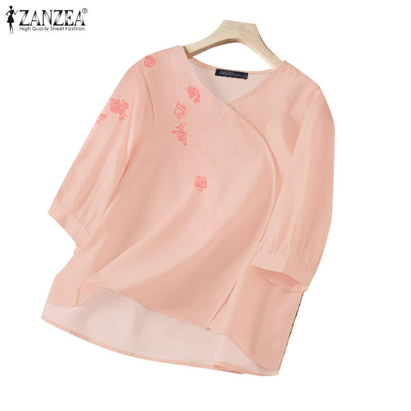 Zanzea เสื้อเบลาส์คอวีแขนสั้นลายดอกไม้ลําลองสําหรับผู้หญิงเกาหลี
