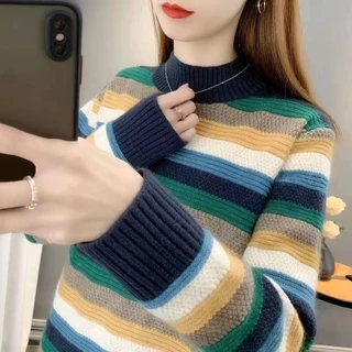 ครึ่งคอเต่าลายเสื้อกันหนาวผู้หญิง 2025 ฤดูใบไม้ร่วงฤดูหนาวสไตล์ใหม่เกาหลีรุ่นหลวมถักเสื้อ จุดต่ําสุด ด้านนอก เรา