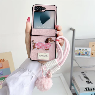 น่ารักการ์ตูนสุนัขหนังบานพับกรณีพลิก Samsung Galaxy Z Flip 7 Z Flip 6 7FE Z Flip 5 Z Flip 4 ปลอก Hairball เชือกเส้นเล็กสายรัดข้อมือ Hard PC กันกระแทกกลับ Shell