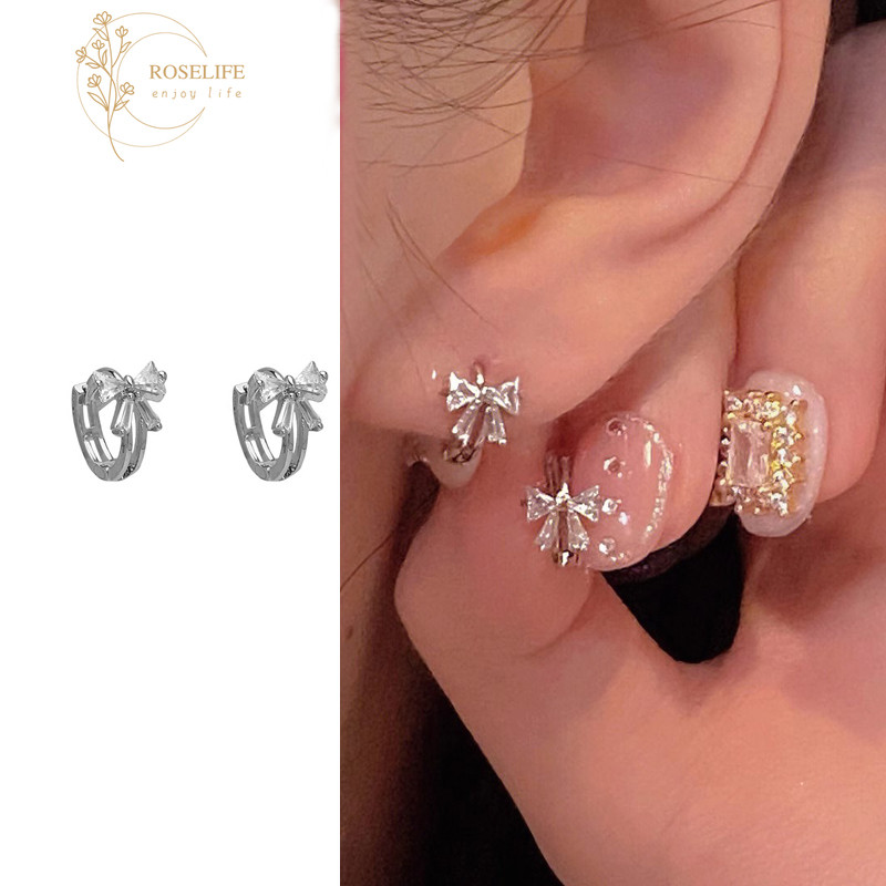Roselife 2 ชิ้น S925 เงินคริสตัลโบว์ Hoop ต่างหูสําหรับผู้หญิงสาว Bowknot หูวงกลมเครื่องประดับอุปกรณ์เสริม