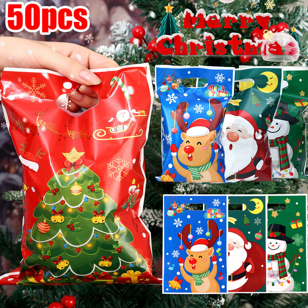 50 ชิ้นถุงขนมคริสต์มาส - กระเป๋าถือคริสต์มาสความจุขนาดใหญ่ - Santa Claus Snowman Elk รูปแบบกระเป๋า - ถุงขนมคุกกี้ - ถุงห่อของขวัญ - Merry Christmas Party Supplies